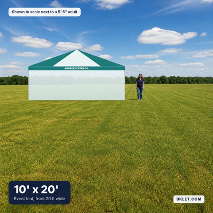 10' x 20' shown to scale next to an adult