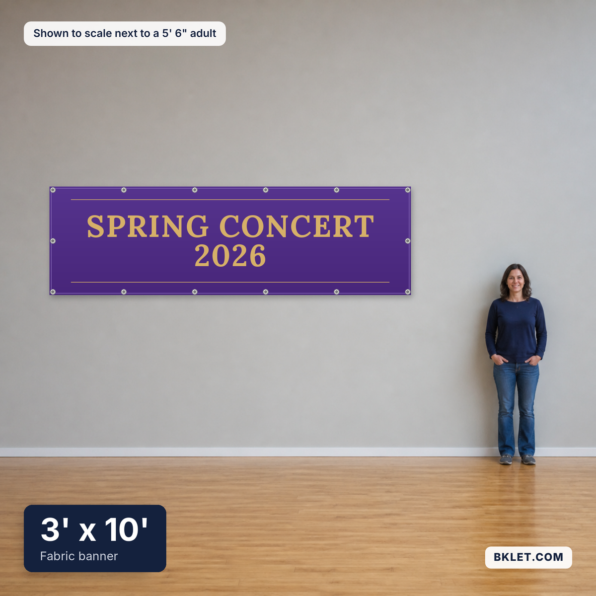 Fabric banner, 3' x 10', shown to scale next to an adult
