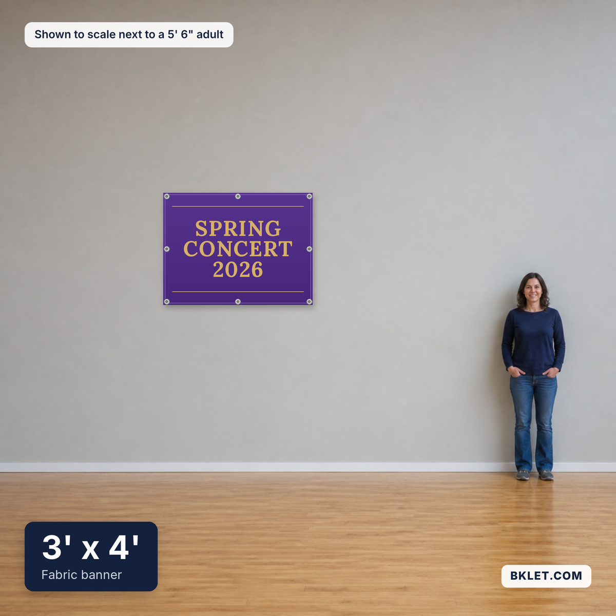 Fabric banner, 3' x 4', shown to scale next to an adult