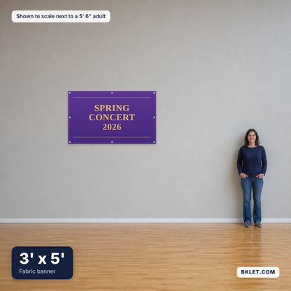Fabric banner, 3' x 5', shown to scale next to an adult