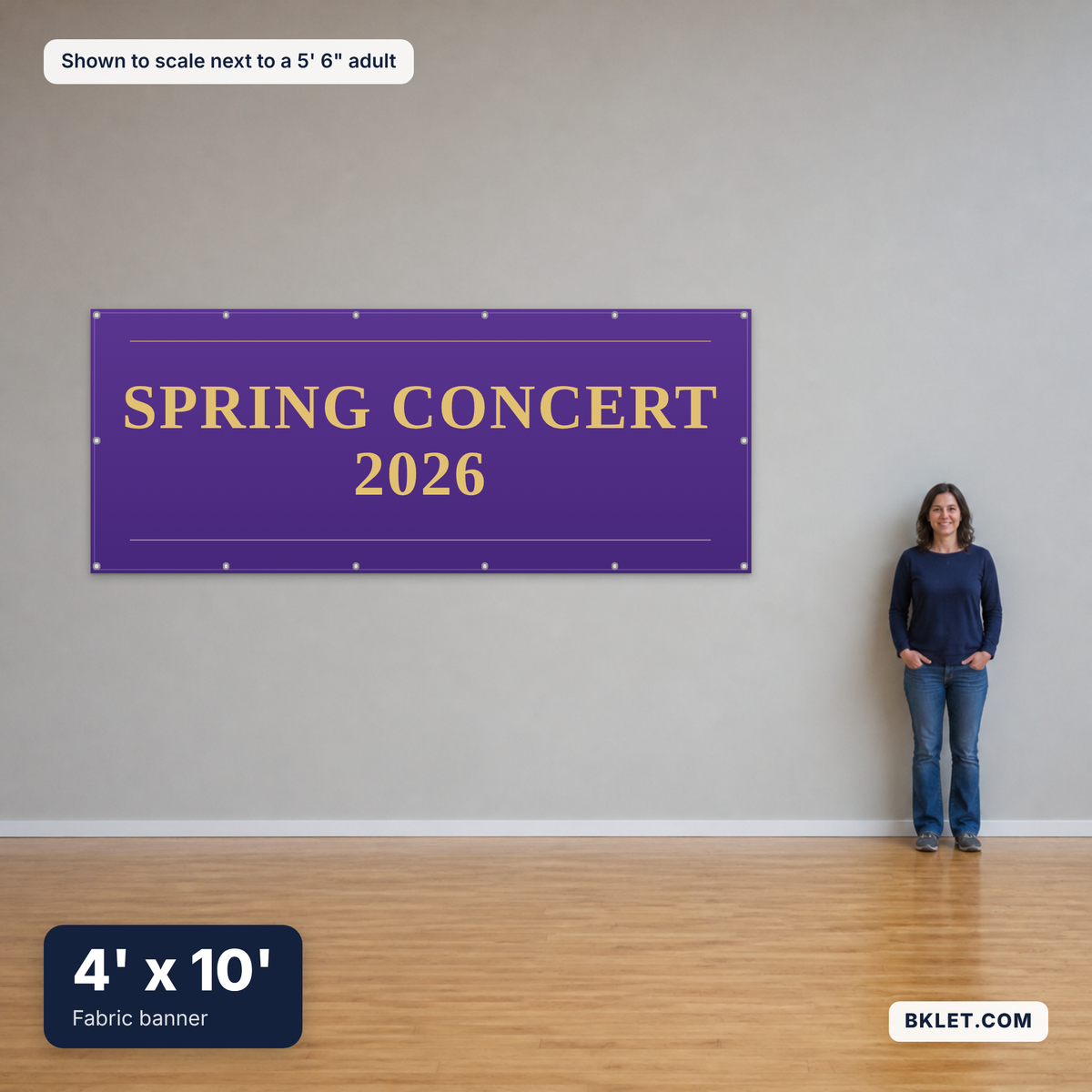 Fabric banner, 4' x 10', shown to scale next to an adult
