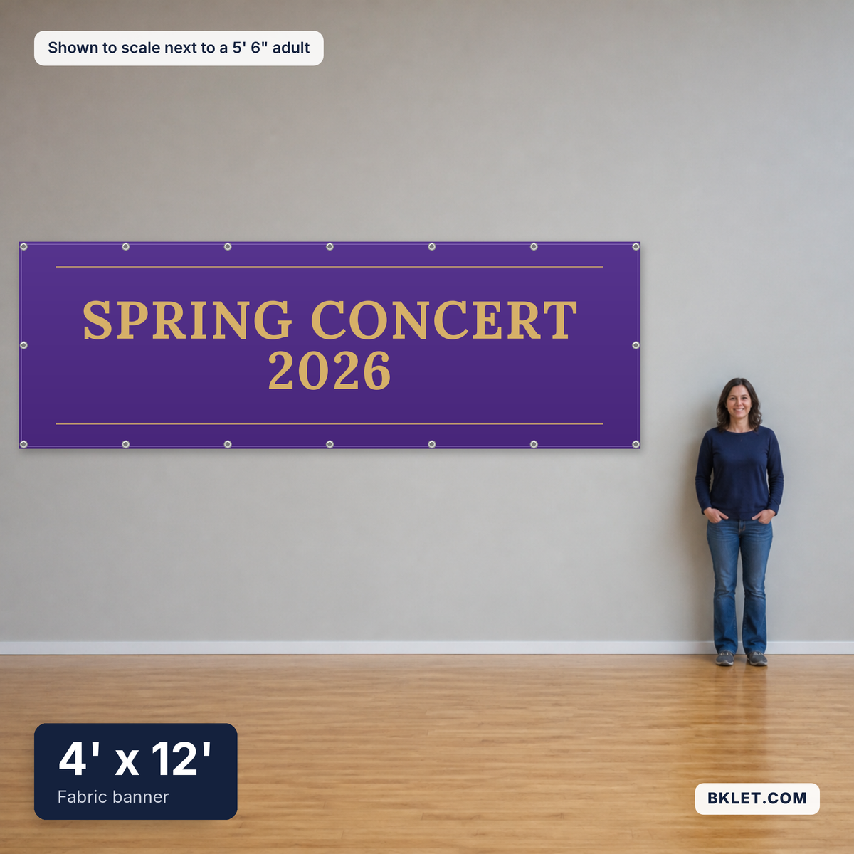 Fabric banner, 4' x 12', shown to scale next to an adult