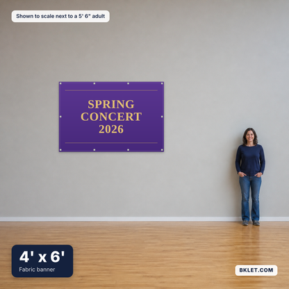 Fabric banner, 4' x 6', shown to scale next to an adult