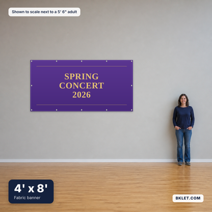 Fabric banner, 4' x 8', shown to scale next to an adult