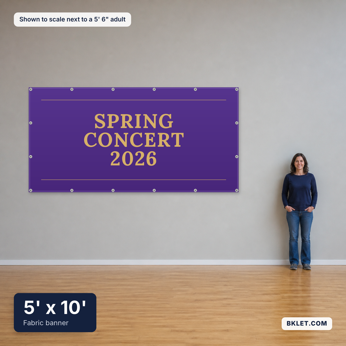 Fabric banner, 5' x 10', shown to scale next to an adult