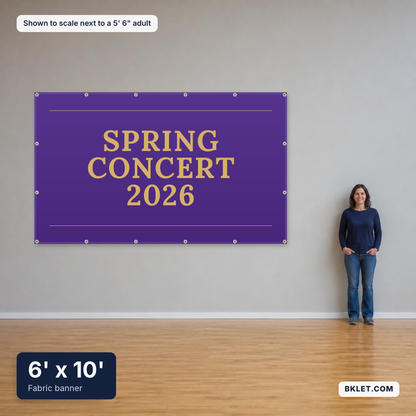 Fabric banner, 6' x 10', shown to scale next to an adult