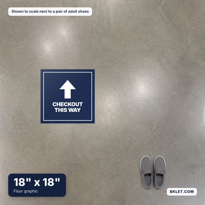 Floor graphic, 18" x 18", shown to scale next to adult shoes