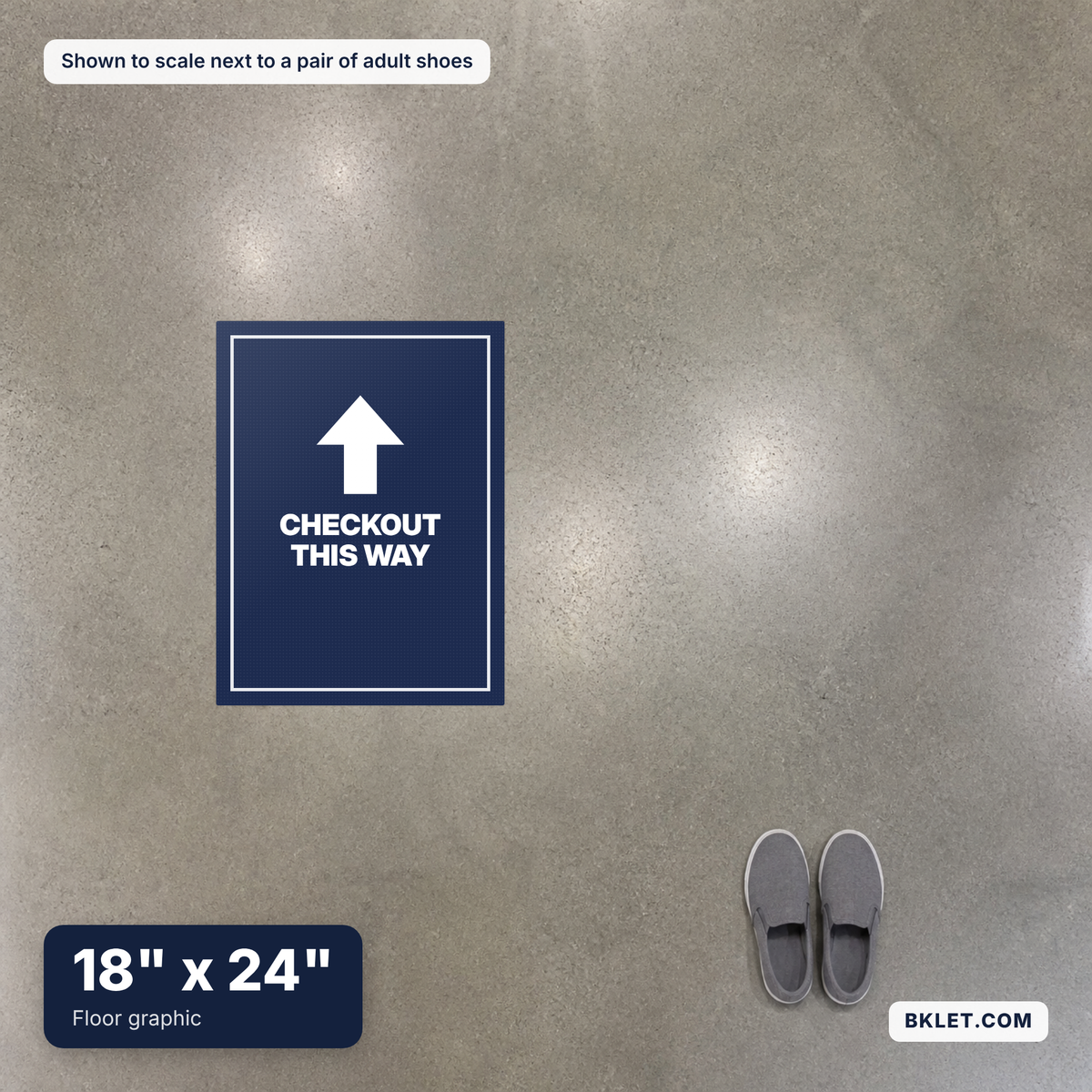 Floor graphic, 18" x 24", shown to scale next to adult shoes