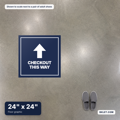 Floor graphic, 24" x 24", shown to scale next to adult shoes