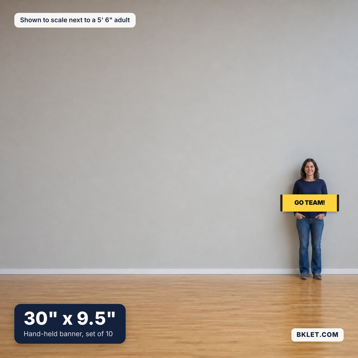 30" x 9.5" (Set of 10) shown to scale next to an adult
