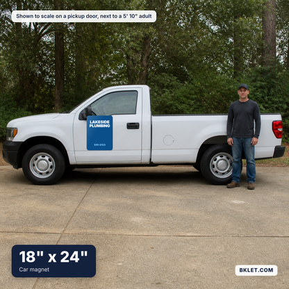 Car magnet, 18" x 24", shown to scale on a pickup door