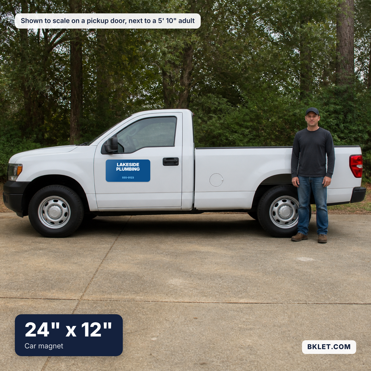 Car magnet, 24" x 12", shown to scale on a pickup door