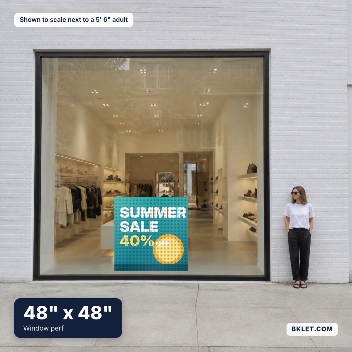 Window perf, 48" x 48", shown to scale next to an adult