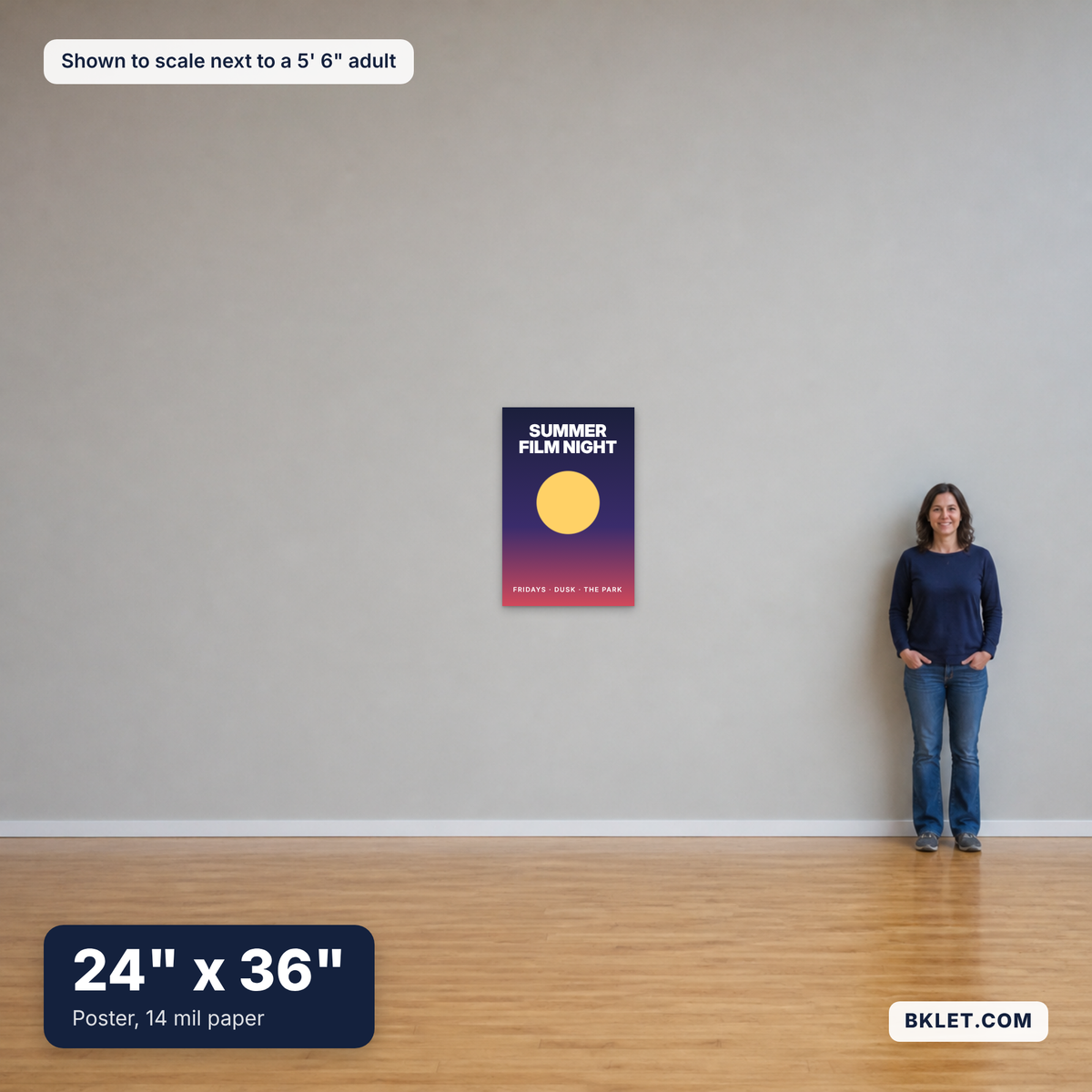 Poster, paper, 24" x 36", shown to scale next to an adult
