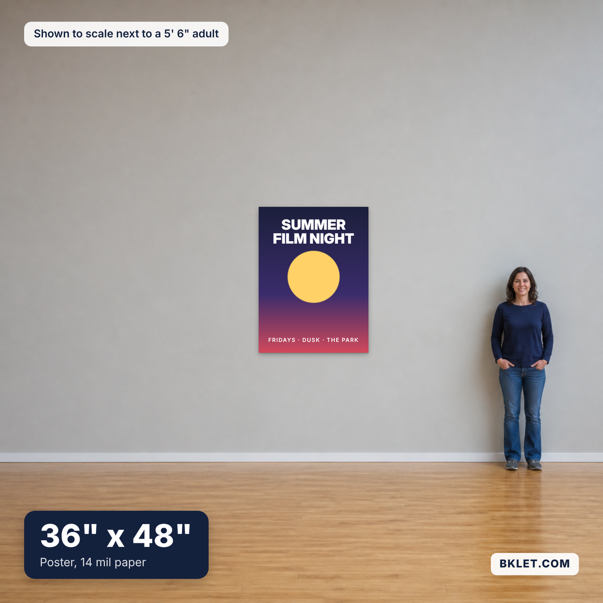Poster, paper, 36" x 48", shown to scale next to an adult