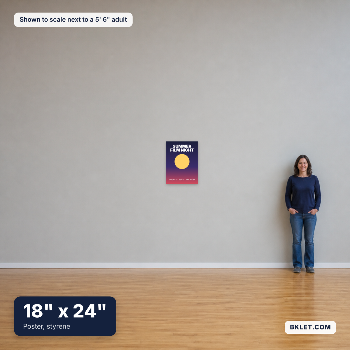 Poster, styrene, 18" x 24", shown to scale next to an adult