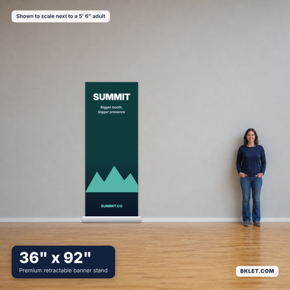Premium retractable banner stand, 36" x 92", shown to scale next to an adult