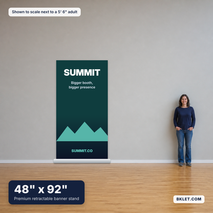 Premium retractable banner stand, 48" x 92", shown to scale next to an adult
