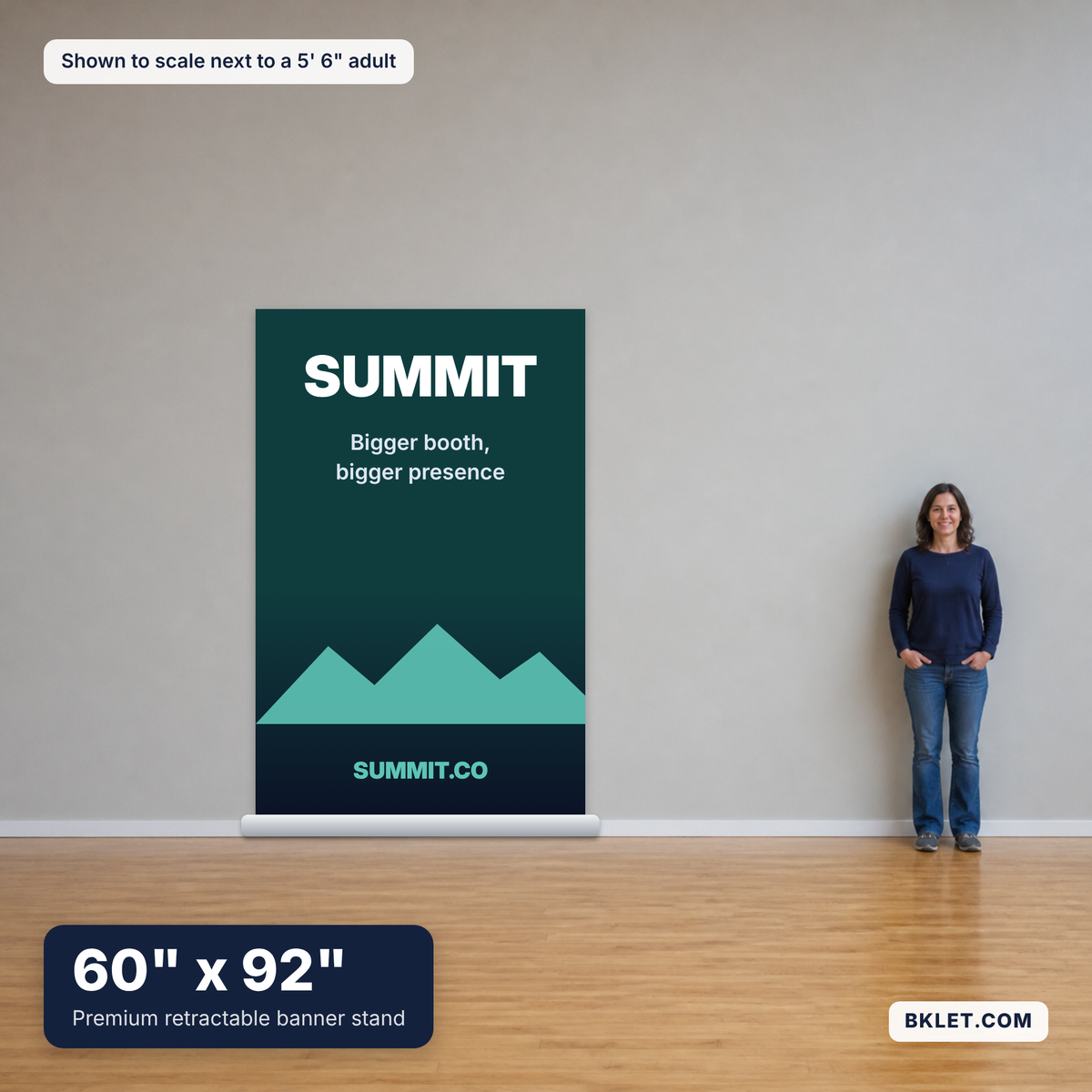 Premium retractable banner stand, 60" x 92", shown to scale next to an adult