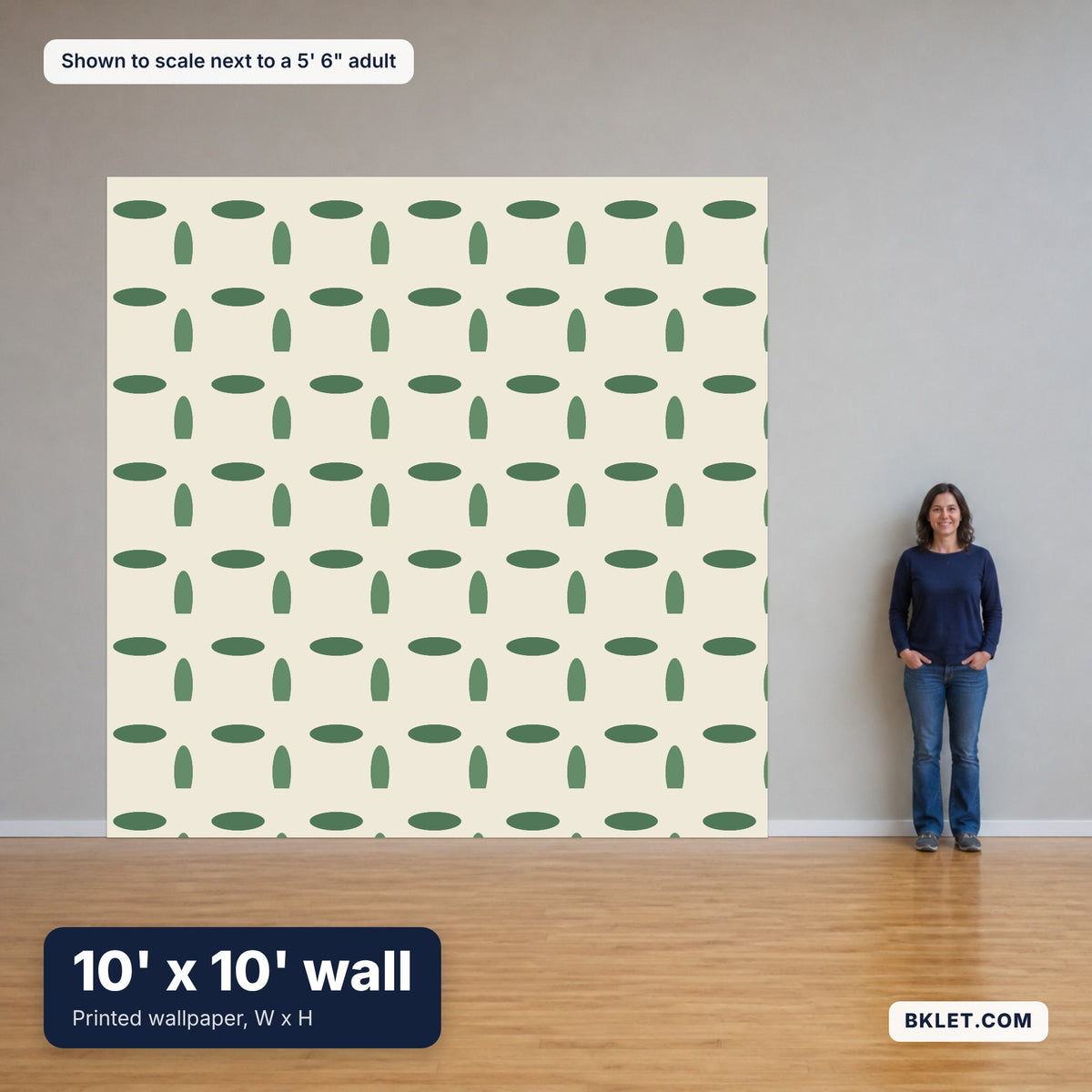 10 x 10 ft shown to scale next to an adult