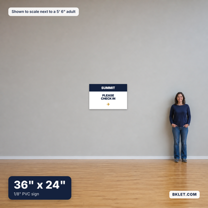 PVC sign, 36" x 24", shown to scale next to an adult