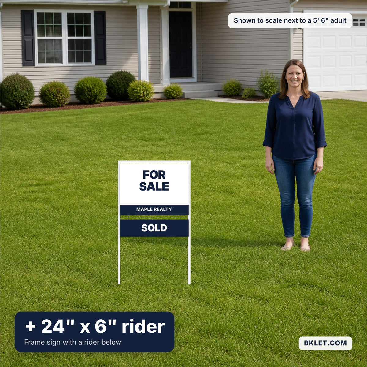 Real estate frame sign with a 24 x 6 in rider shown to scale