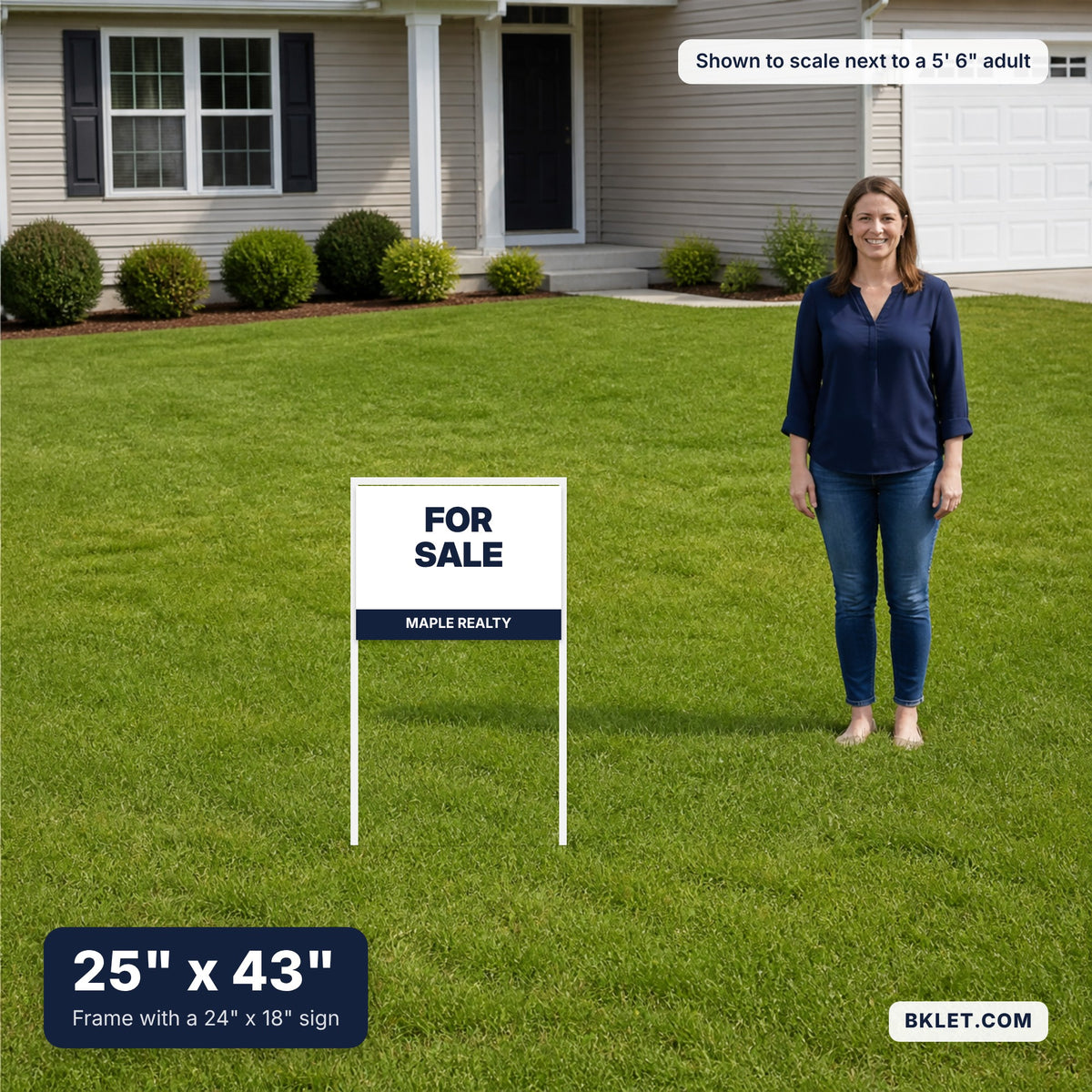 Steel frame with a 24 x 18 inch sign, shown to scale next to an adult