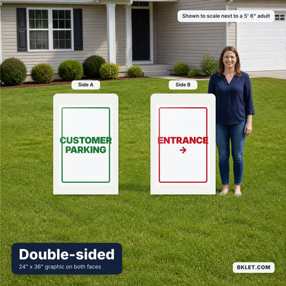 Double-sided reflective A-frame with a different graphic on each side