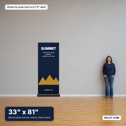 Retractable banner stand, 33" x 81", black base, shown to scale next to an adult