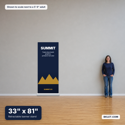 Retractable banner stand, 33" x 81", shown to scale next to an adult