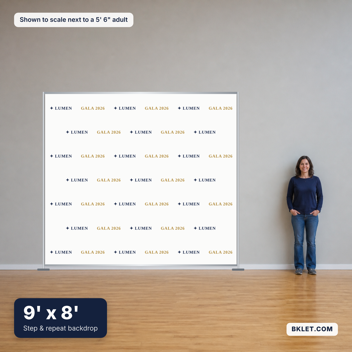 Step & repeat backdrop, 9' x 8', shown to scale next to an adult