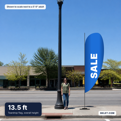 Teardrop flag, 13.5 ft overall, shown to scale next to an adult