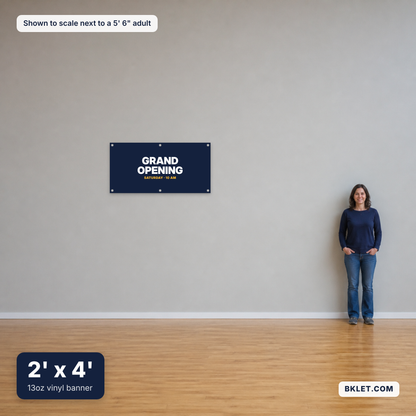13oz vinyl banner, 2' x 4', shown to scale next to an adult