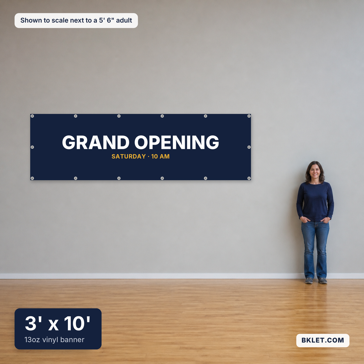 13oz vinyl banner, 3' x 10', shown to scale next to an adult