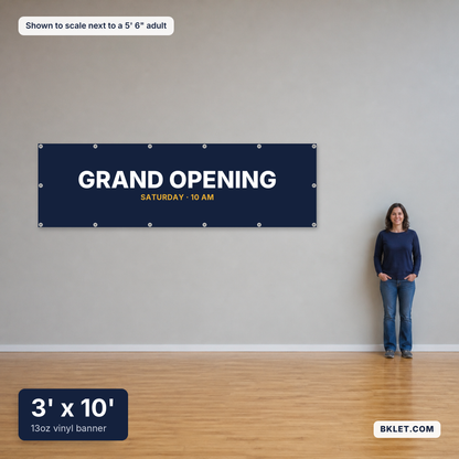 13oz vinyl banner, 3' x 10', shown to scale next to an adult