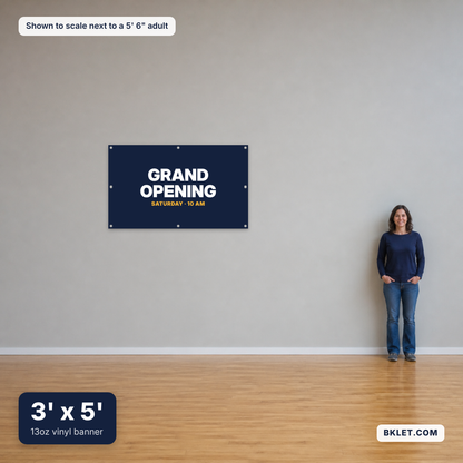 13oz vinyl banner, 3' x 5', shown to scale next to an adult