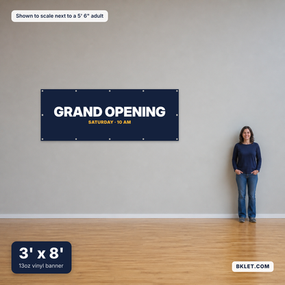 13oz vinyl banner, 3' x 8', shown to scale next to an adult