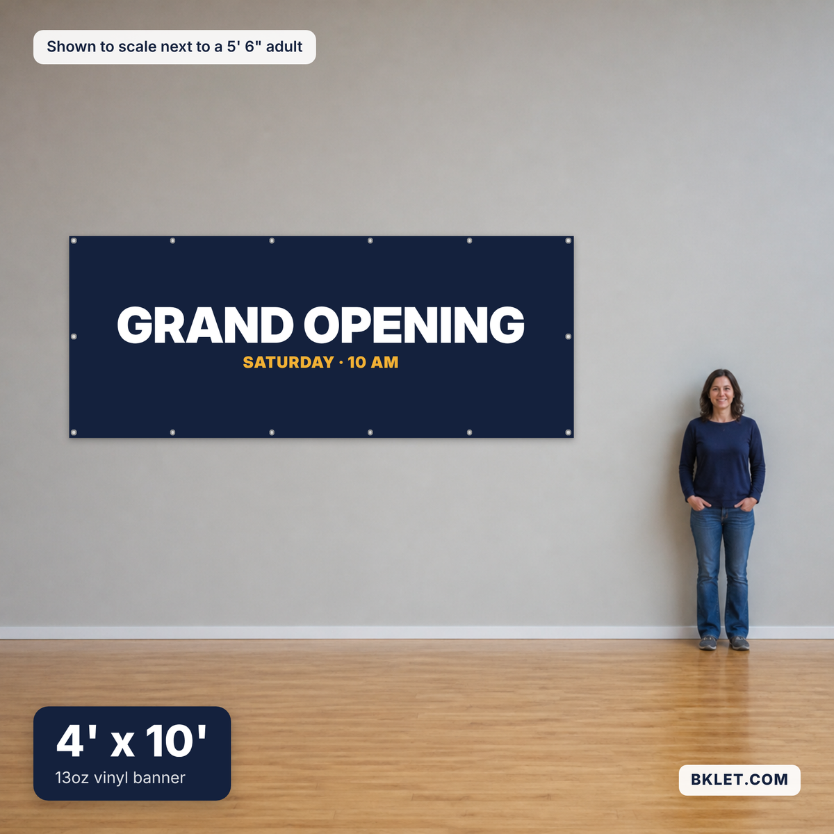 13oz vinyl banner, 4' x 10', shown to scale next to an adult