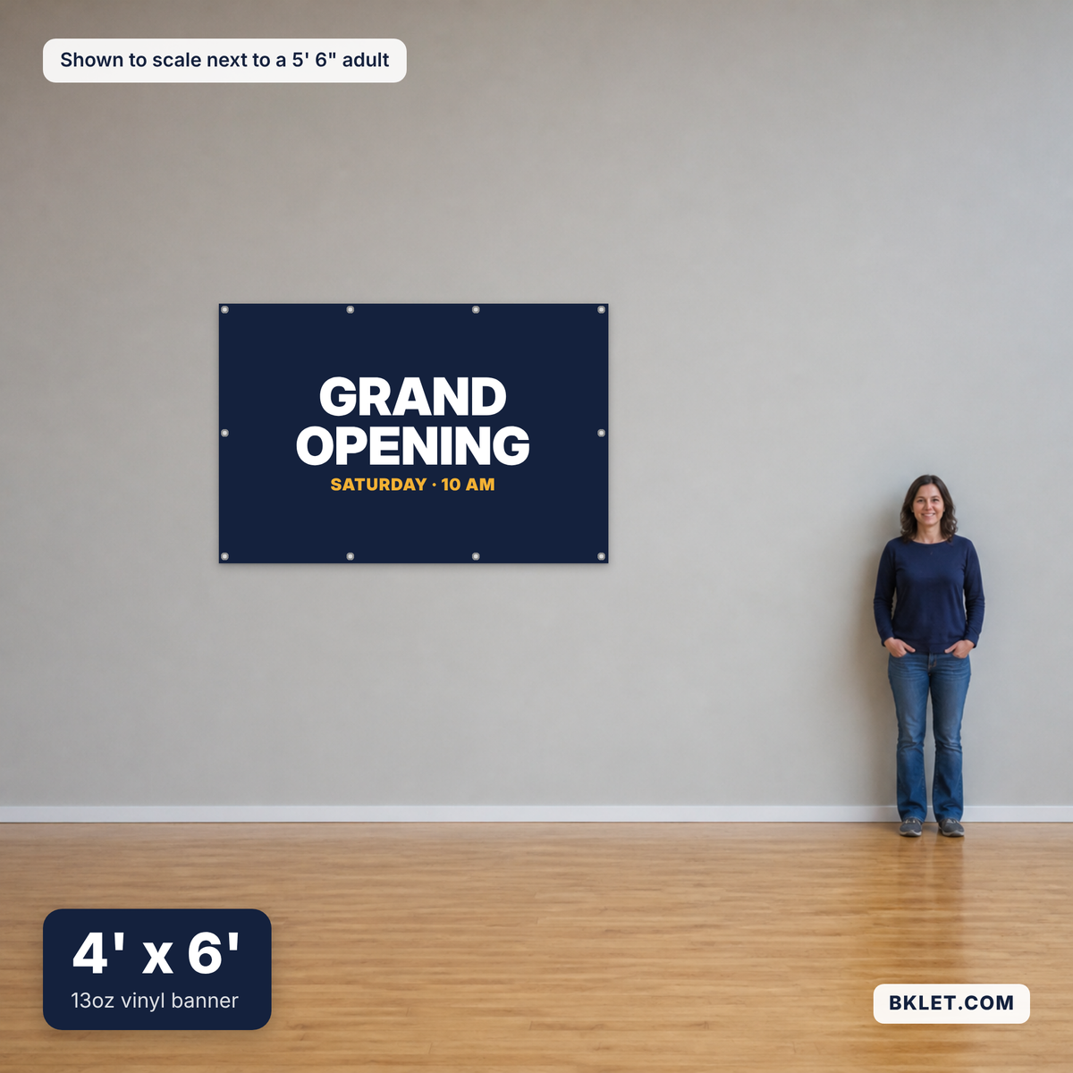 13oz vinyl banner, 4' x 6', shown to scale next to an adult