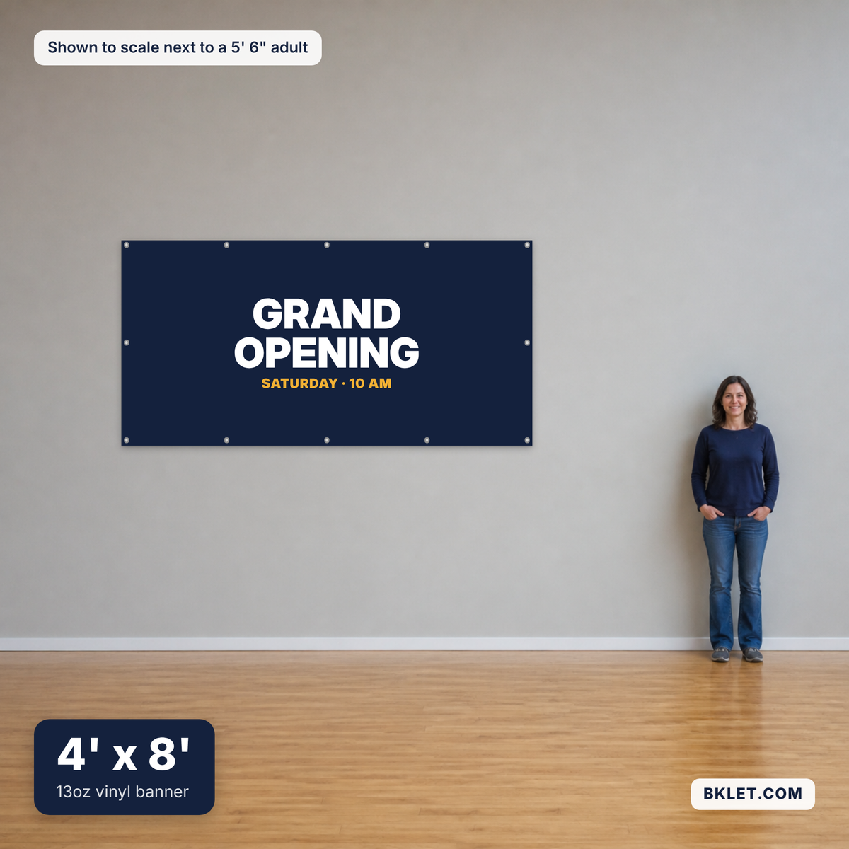 13oz vinyl banner, 4' x 8', shown to scale next to an adult