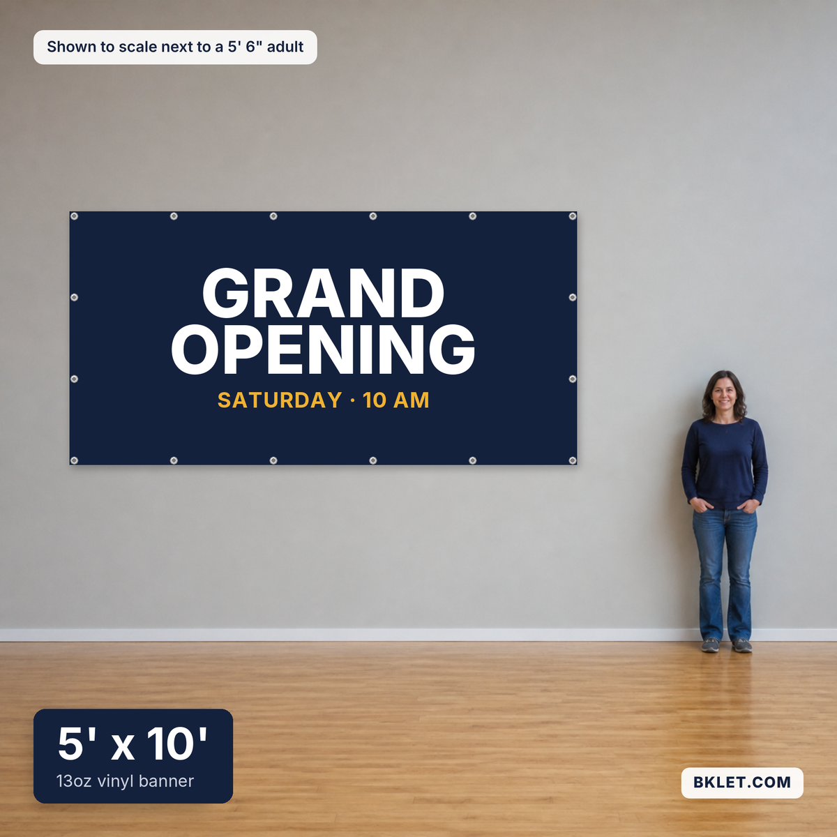 13oz vinyl banner, 5' x 10', shown to scale next to an adult