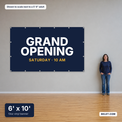 13oz vinyl banner, 6' x 10', shown to scale next to an adult