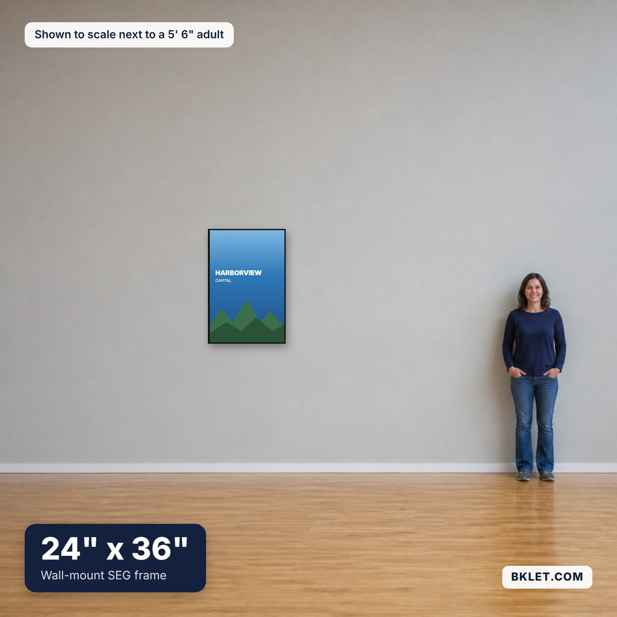 24 x 36 in shown to scale next to an adult