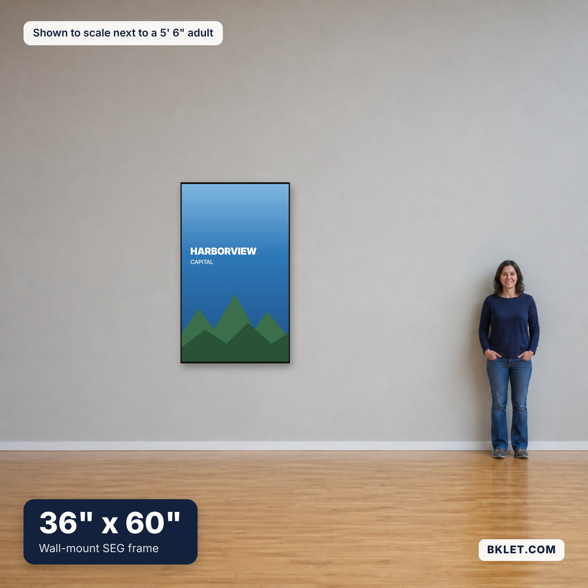 36 x 60 in shown to scale next to an adult
