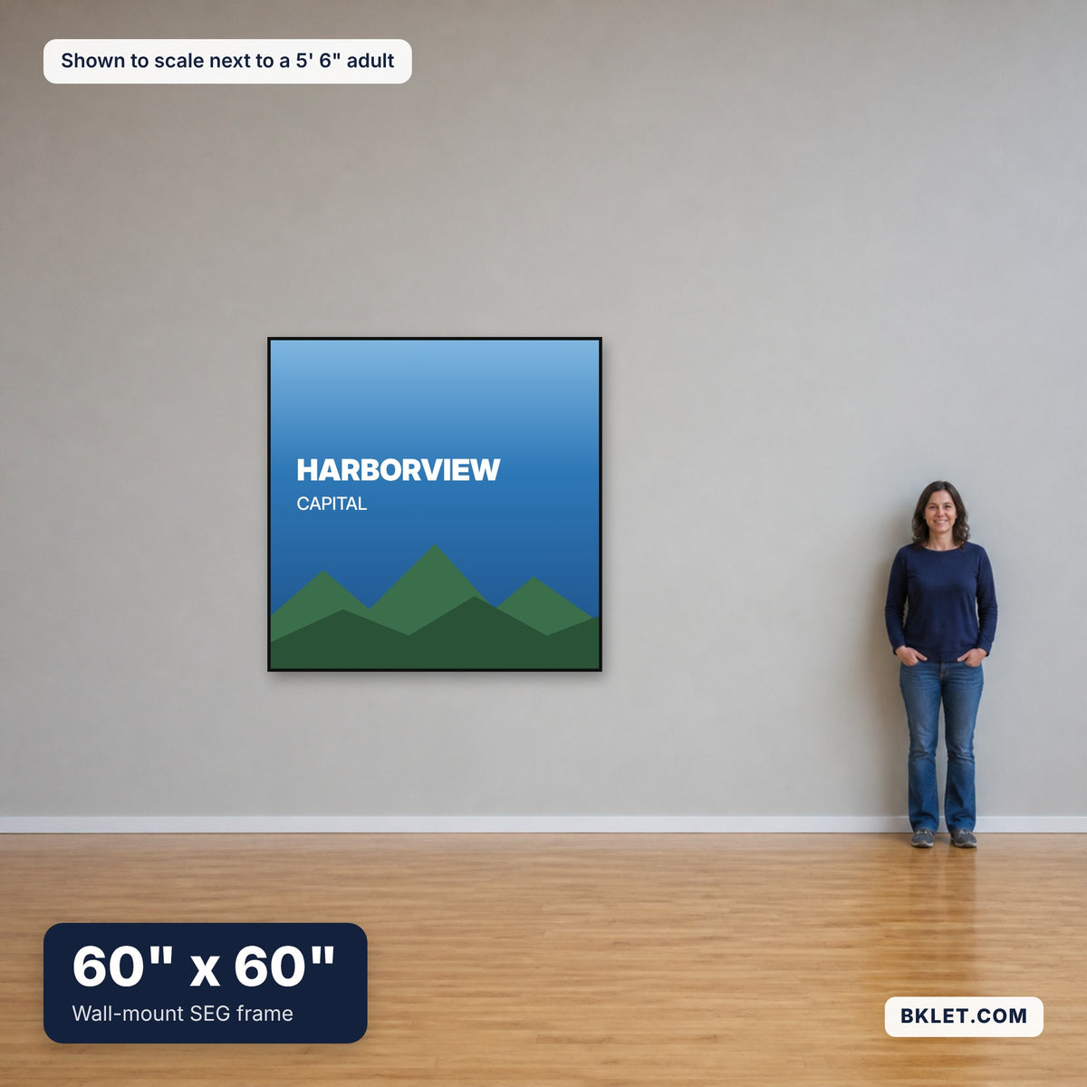 60 x 60 in shown to scale next to an adult