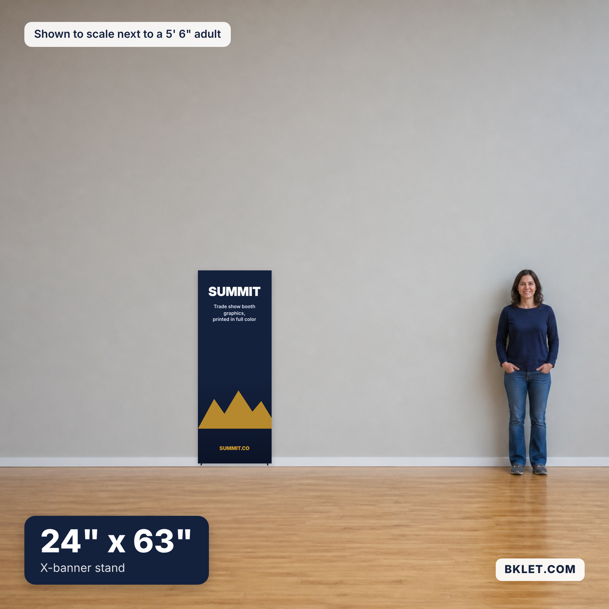 X-banner stand, 24" x 63", shown to scale next to an adult