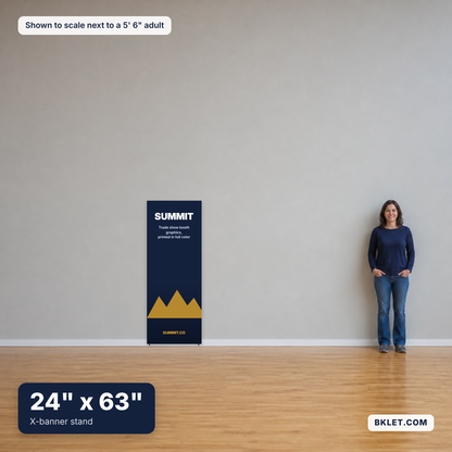 X-banner stand, 24" x 63", shown to scale next to an adult