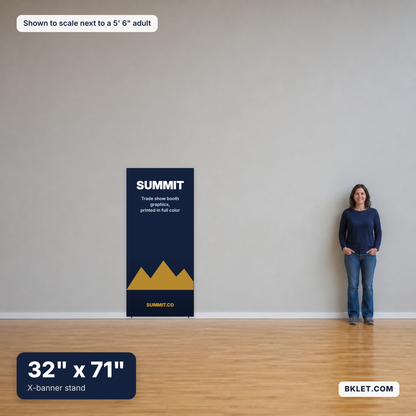 X-banner stand, 32" x 71", shown to scale next to an adult