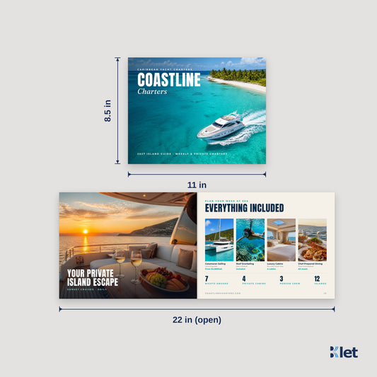 11 x 8.5 landscape booklet size: 11 x 8.5 in closed, opens flat to 22 x 8.5 in