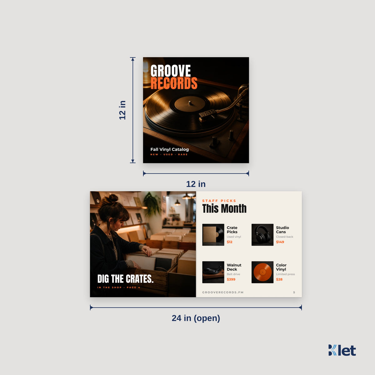 12 x 12 square booklet size: 12 x 12 in closed, opens flat to 24 x 12 in